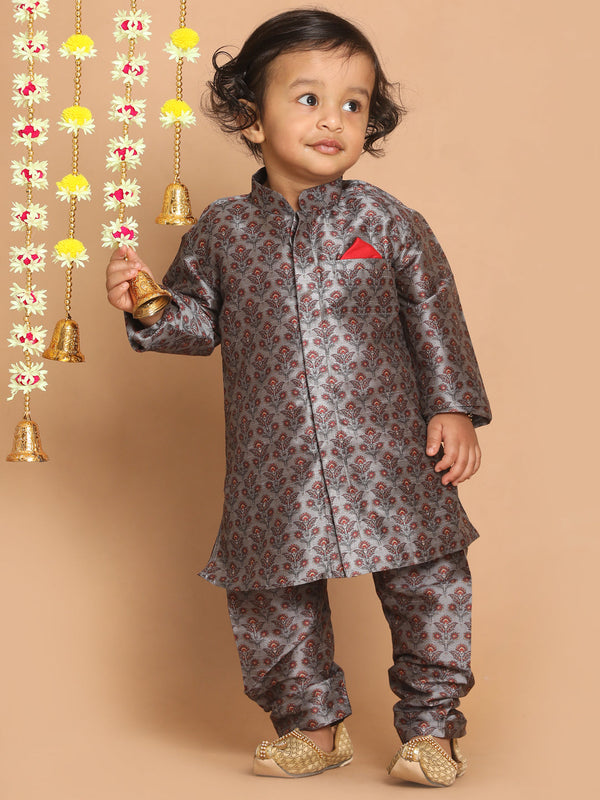 Jashvi Boy's Grey Floral Printed Kurta And Pyjama Set