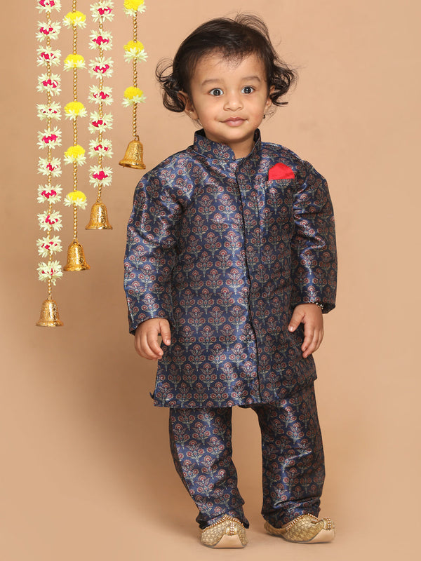 Jashvi Boy's Navy Blue Floral Printed Kurta And Pyjama Set