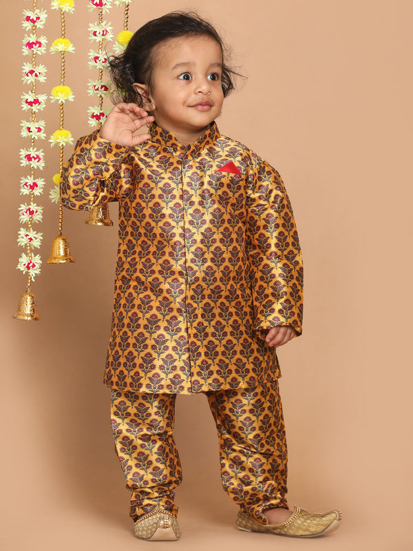 Jashvi Boys Yellow Floral Printed Kurta And Pyjama Set