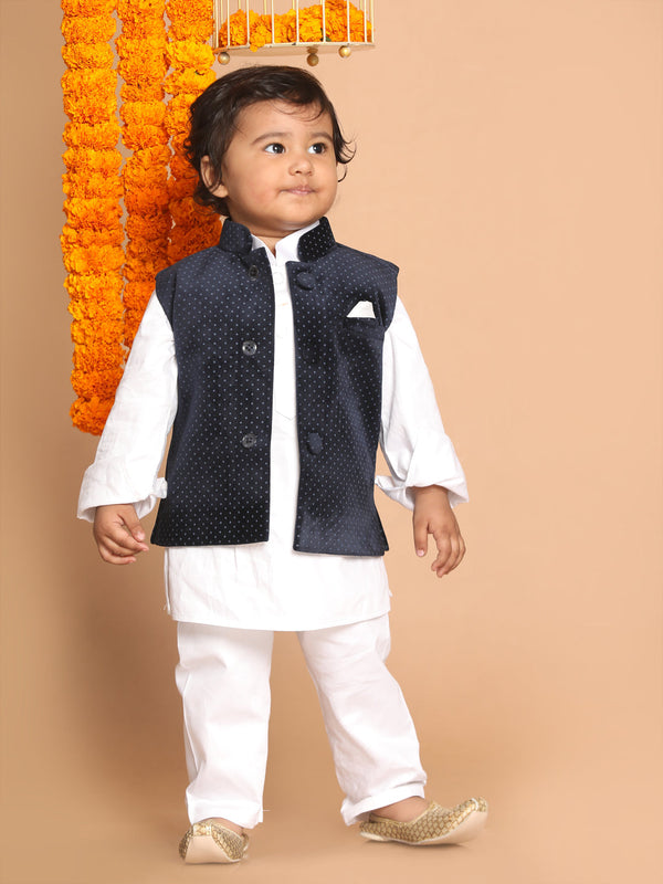 Jashvi SISHU Boy's White Kurta Pyjama Set With Blue Dot Print Nehru Jacket