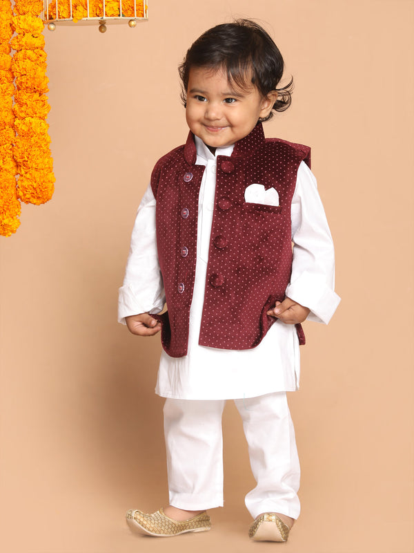 Jashvi SISHU Boy's Maroon Printed Kurta with Pyjamas & Nehru Jacket