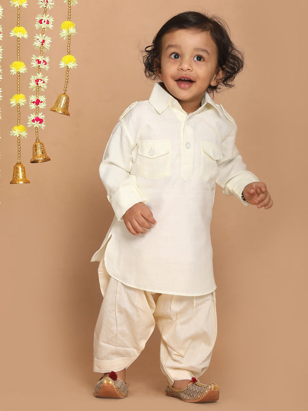 Jashvi Boy's Cream Pathani Kurta With Patiala Set