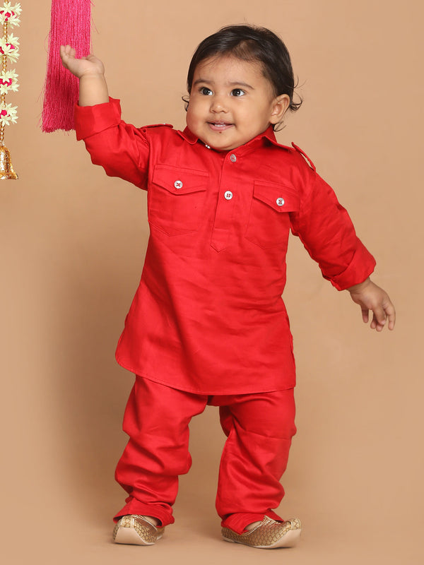 Jashvi SISHU Boy's Red Pure Cotton Pathani Styl Kurta With Pyjama Set