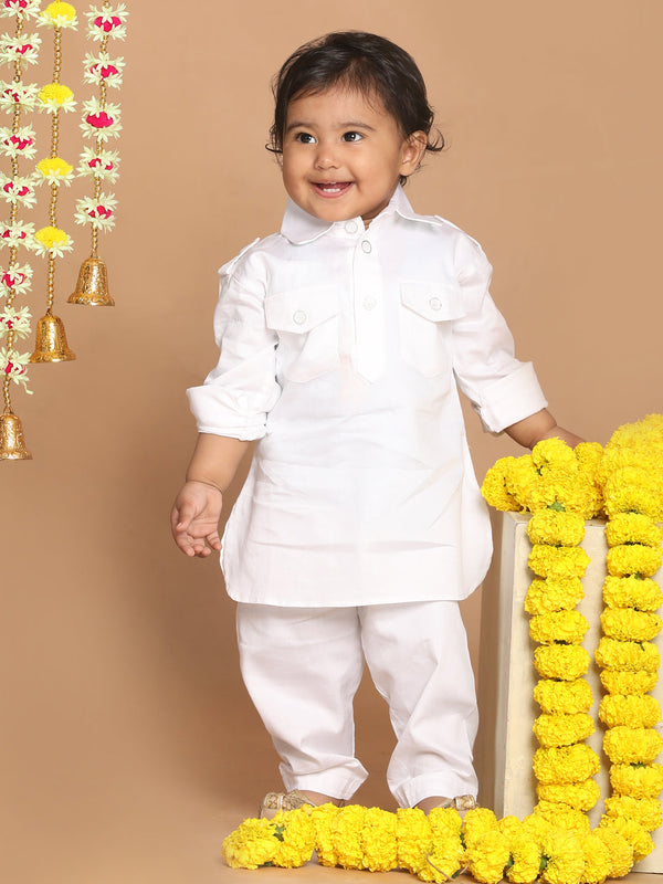 Jashvi Boy's White Pure Pathani Kurta With Pyjama Set