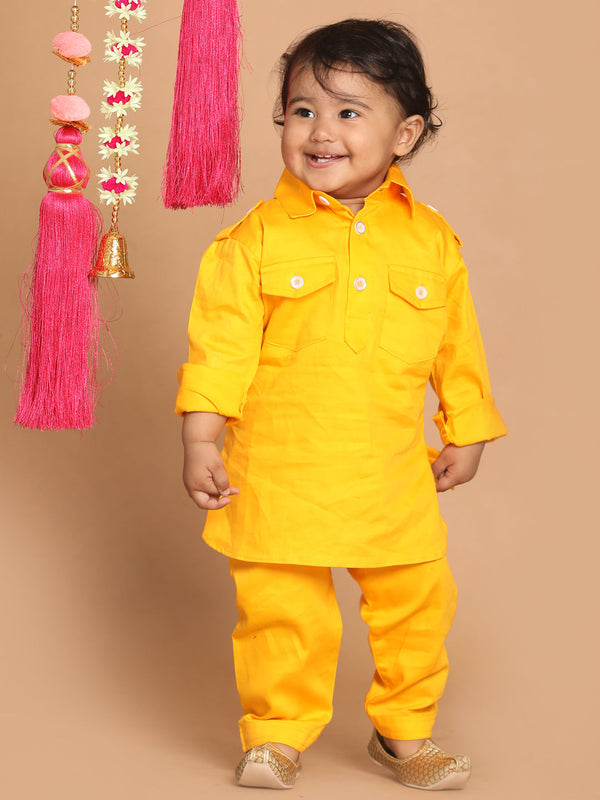 Jashvi SISHU Boy's Yellow Pure Cotton Pathani Kurta With Pyjama Set