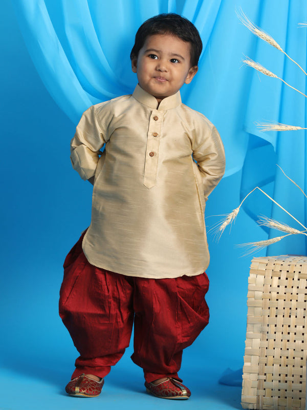 Jashvi SISHU Boy's Gold Kurta And Maroon Cowl Dhoti Set