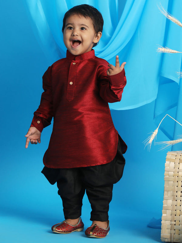 Jashvi SISHU Boy's Maroon Kurta And Black Cowl Dhoti  Set