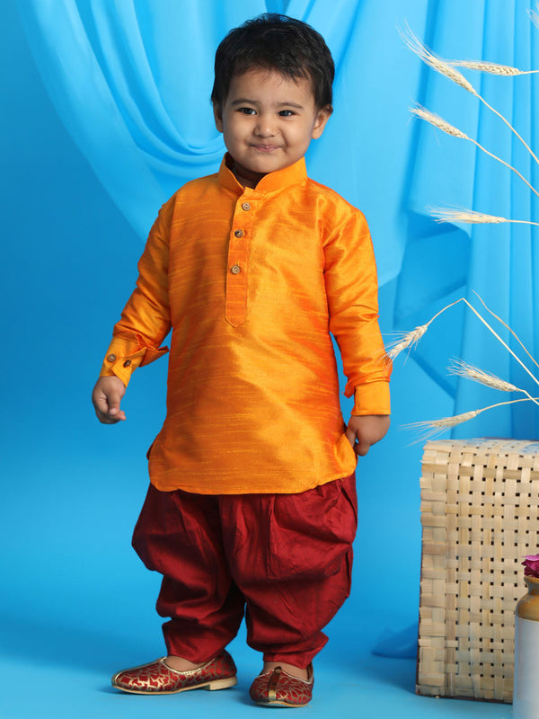 Jashvi SISHU Boy's Orange Kurta And Maroon Dhoti Set