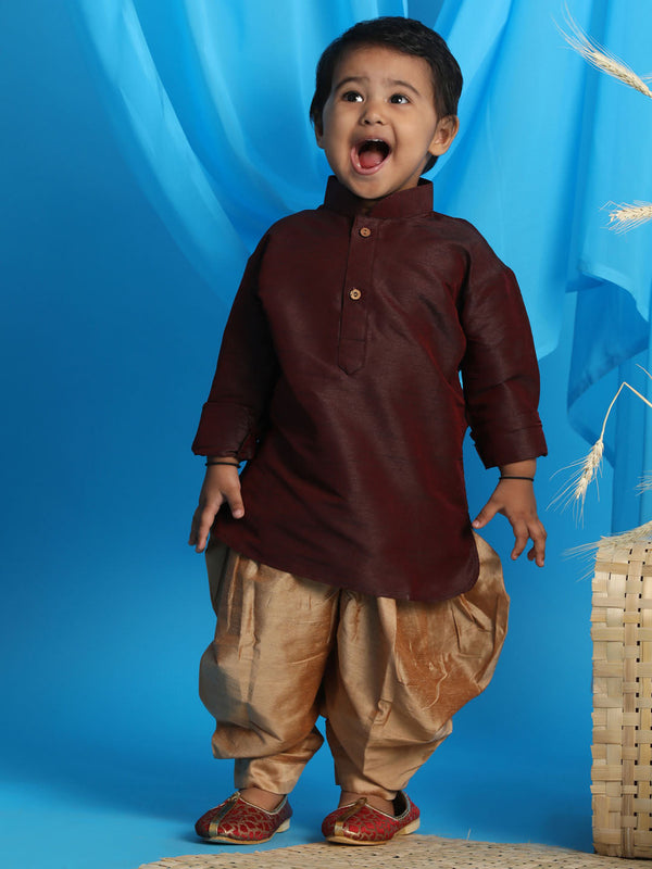 Jashvi SISHU Boy's Wine Color & Rose Gold Kurta with Dhoti Pant Set