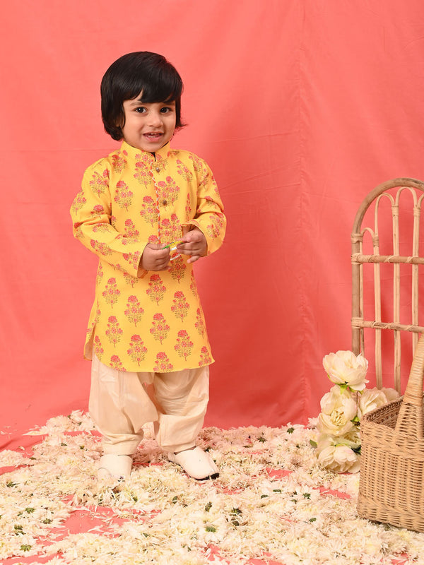 Jashvi SISHU Boys' Multicolor-Base-Mustard And Cream Kurta Patiala Set