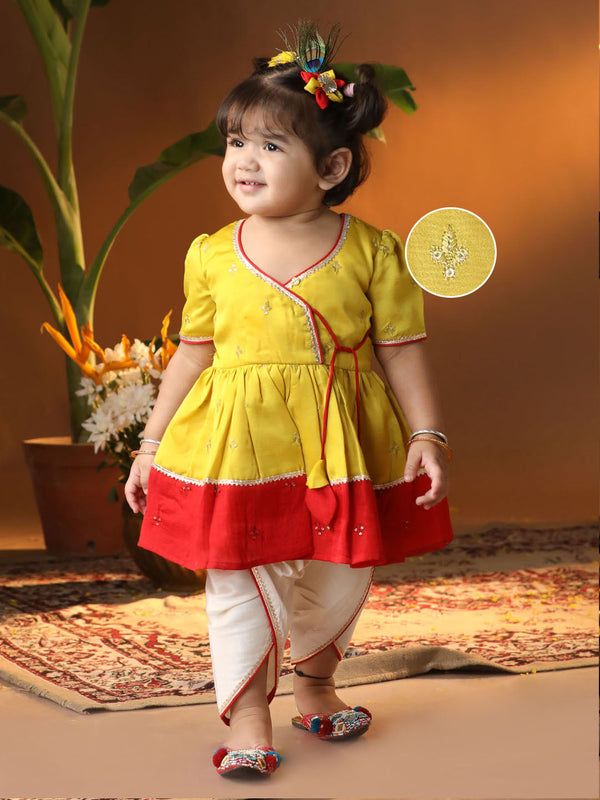 Jashvi Girls' Yellow And Cream Dhoti Kurta Set