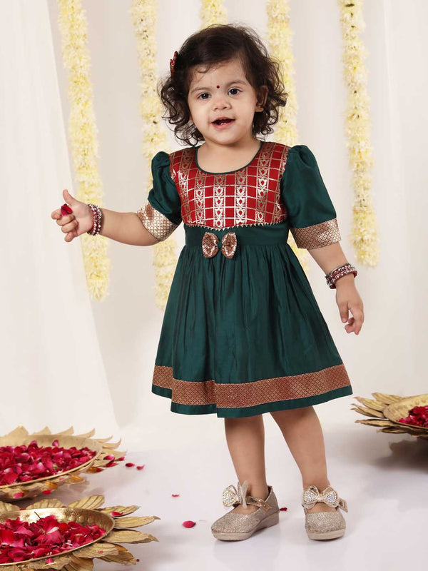 Jashvi Girl's Maroon And Green Banarsi Frock