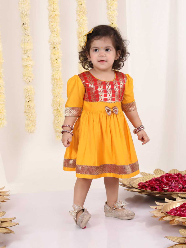 Jashvi Girl's Red And Yellow Banarsi Frock