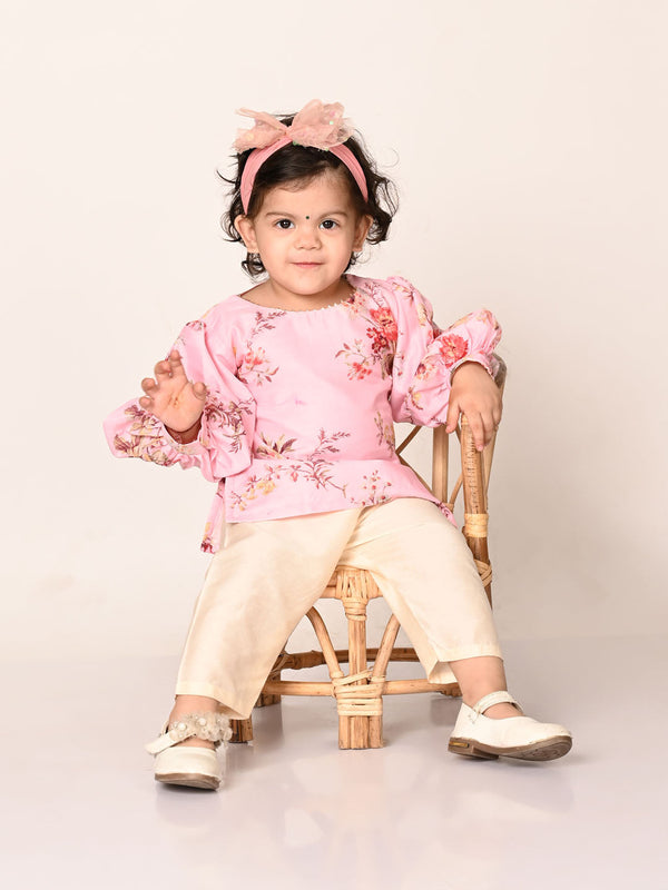 Jashvi SISHU Girls Pink Floral Print Kurta Pyjama Set