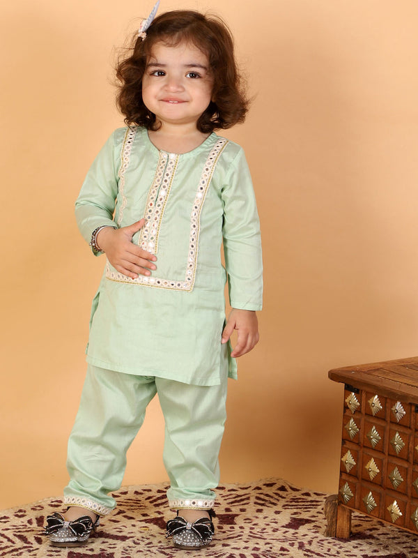 Jashvi SISHU Girls' Mint Green Viscose Kurta And Straight Pant Set