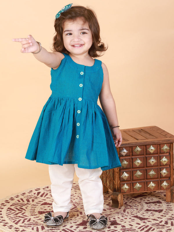 Jashvi SISHU Girl's Aqua Striped Handloom Kurta With Cream Pyjama Set