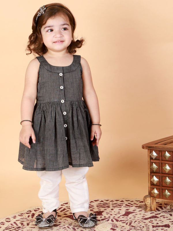 Jashvi SISHU Girl's Black Striped Handloom Kurta With Cream Pyjama Set