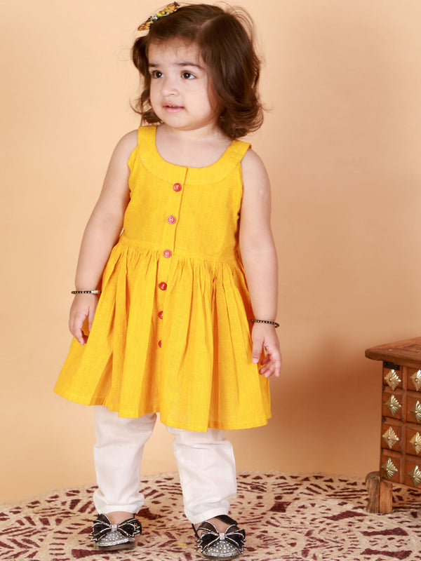 Jashvi Girl's Mustard Striped Handloom Kurta With Cream Pyjama Set