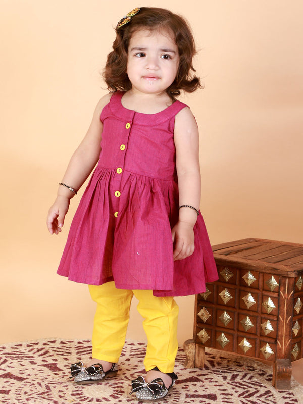 Jashvi SISHU Girl's Purple Striped Handloom Kurta With Yellow Pyjama Set