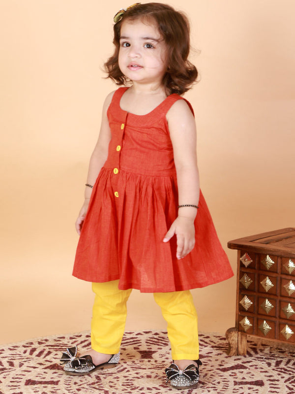 Jashvi SISHU Girl's Red Striped Handloom Kurta With Yellow Pyjama Set