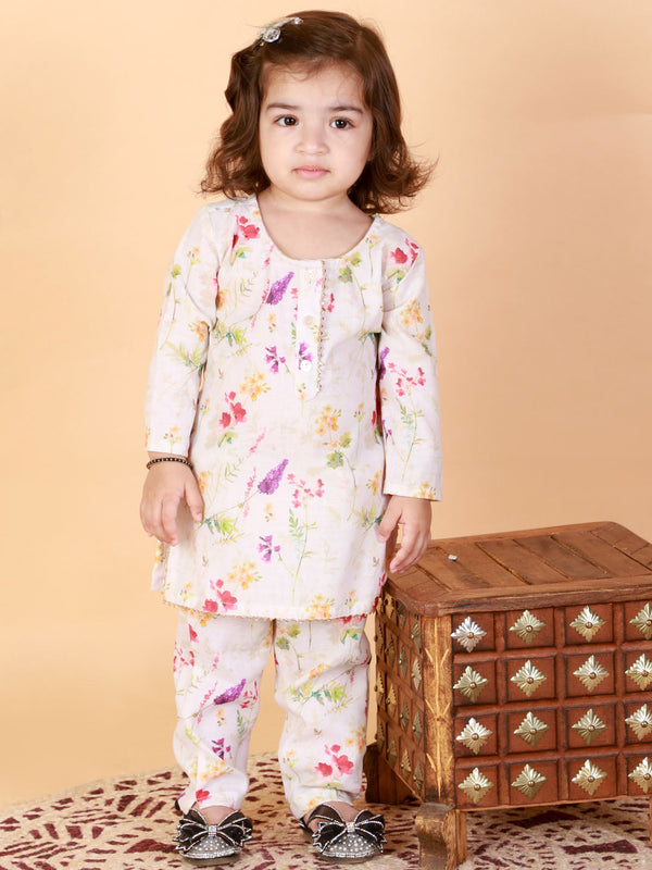 Jashvi SISHU Girl's Multicolor-Base Cream Kurta pant Set