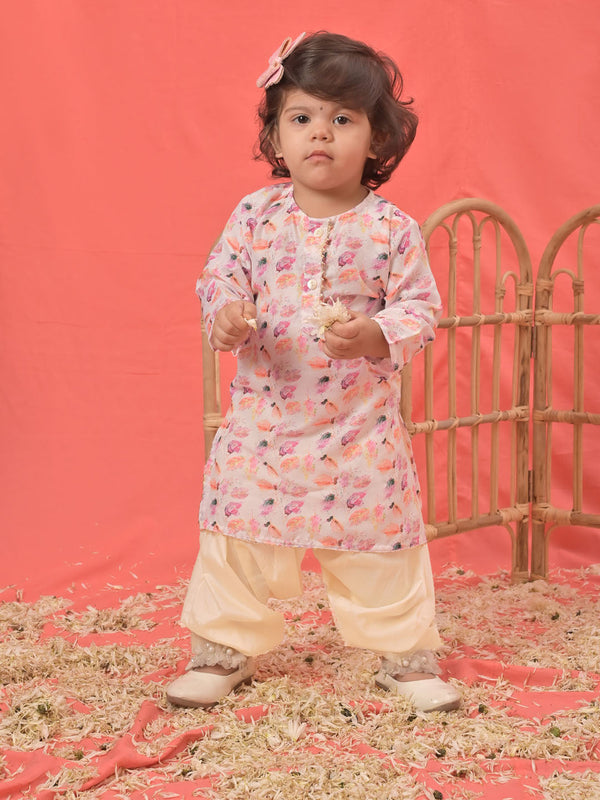 Jashvi SISHU Girls' White Floral Printed Linen Kurta And Cream Patiala Set