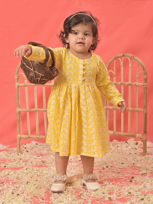 Jashvi Girl's Mustard Chikankari Cotton Kurta