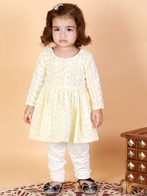 Jashvi SISHU Girl's Yellow And White Chikankari Kurta Leggings Set