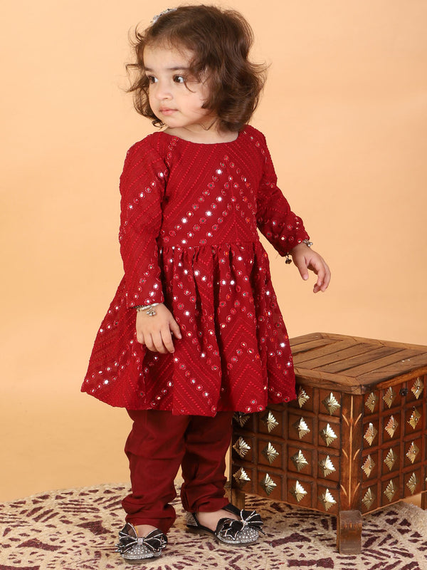 Jashvi SISHU Girl's Maroon Mirror Kurta Pyjama Set