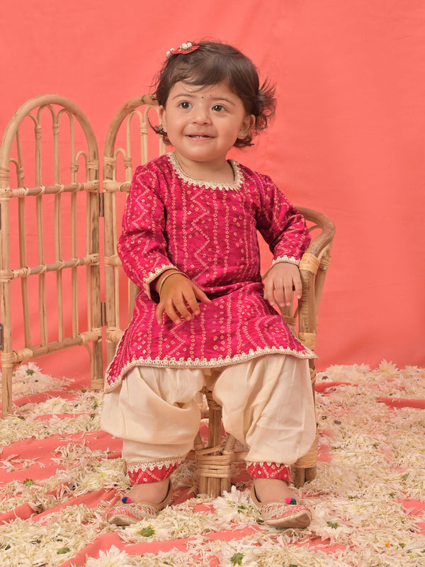 Jashvi Girls Pink Bandhni Print Kurta And Patiala Set