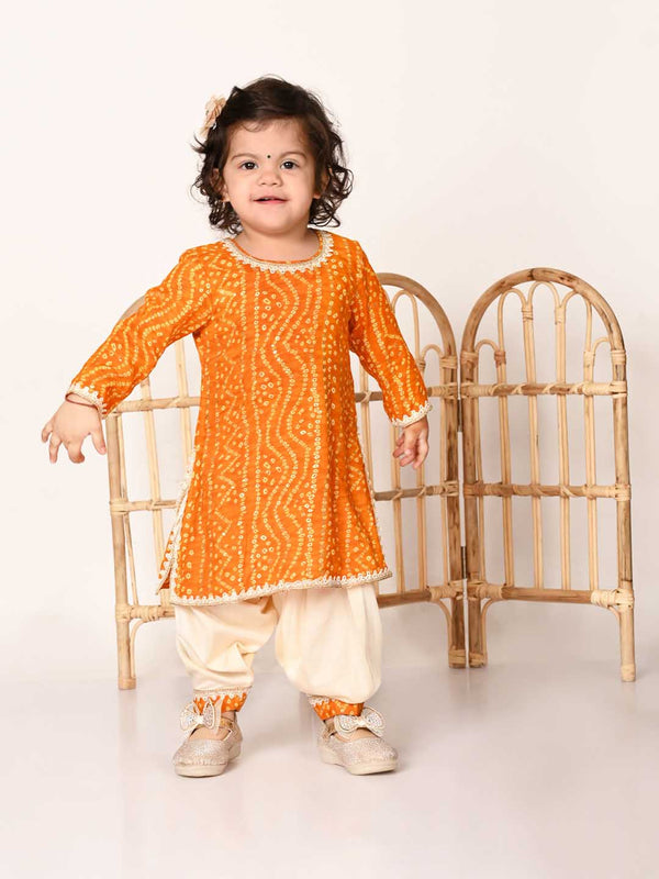 Jashvi Girls yellow  Bandhni Print Kurta And Patiala Set