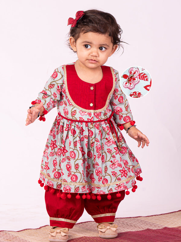 Jashvi Girls' Aqua Base Red Kurta And Pant Set