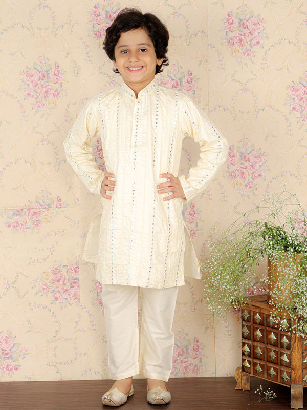 Jashvi Boys Cream Embroidered Vertical Mirror Work Kurta With Pyjama Set