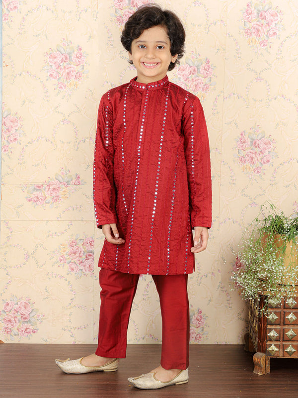 Jashvi Boys Maroon Embroidered Vertical Mirror Work Kurta With Pyjama Set