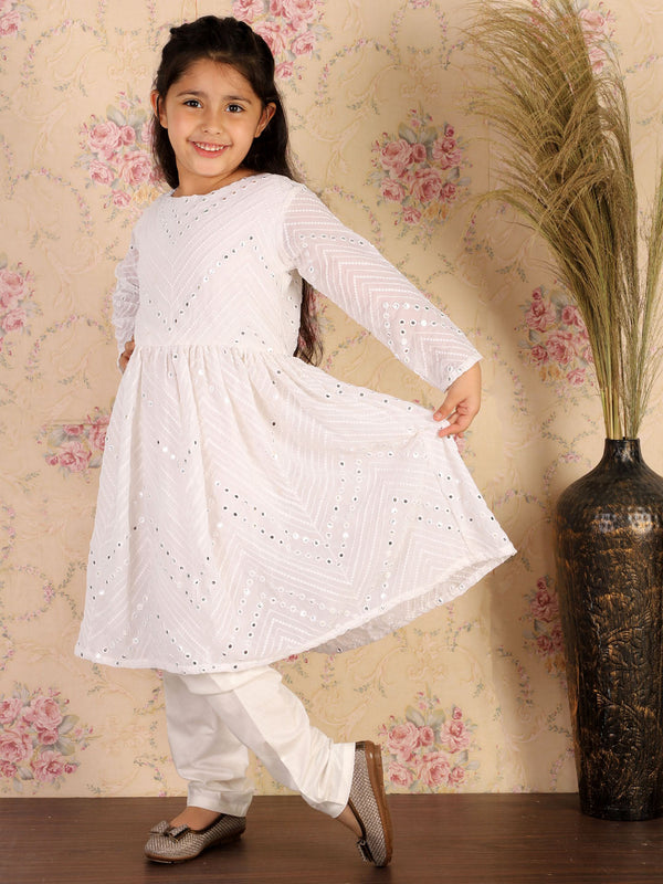 Jashvi Girl's White Mirror Kurta Pyjama Set