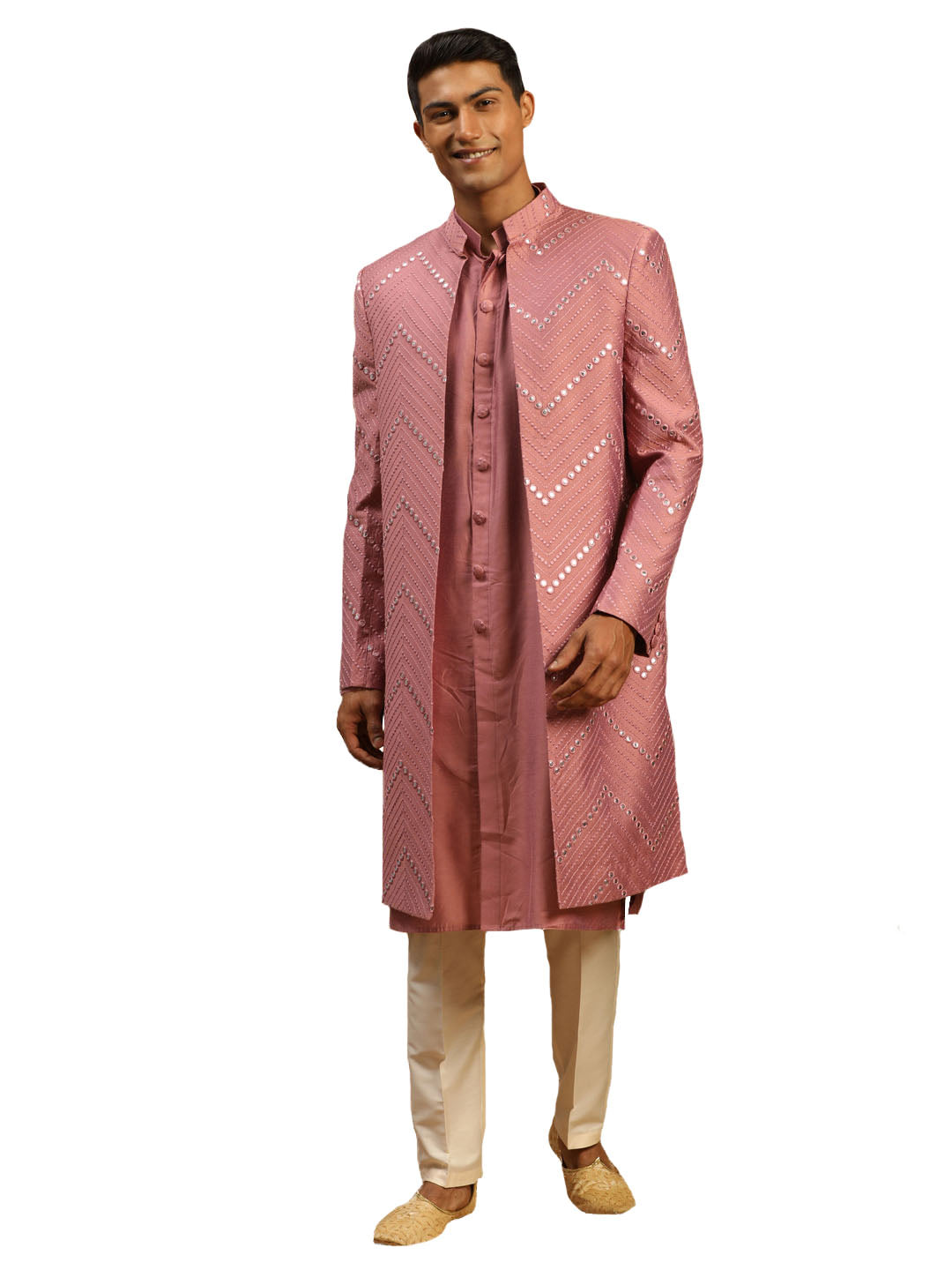 Men's Onion Pink And Cream Viscose Sherwani Set - Shrestha By Vastramay