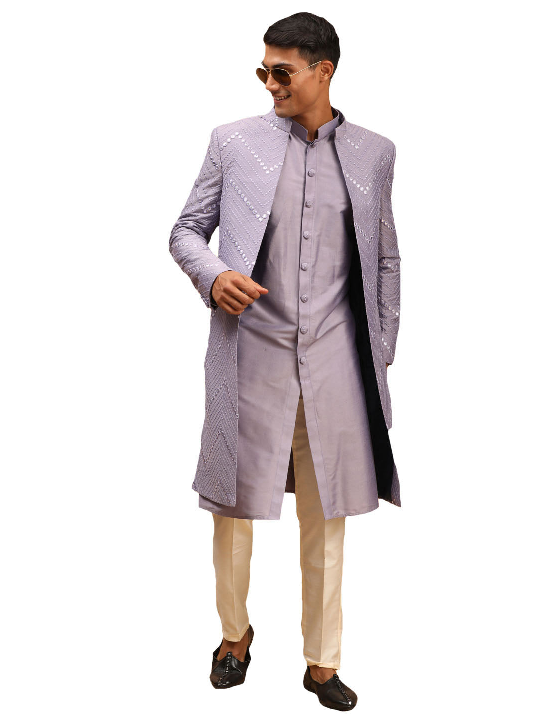 Men's Purple And Cream Viscose Sherwani Set - Shrestha By Vastramay