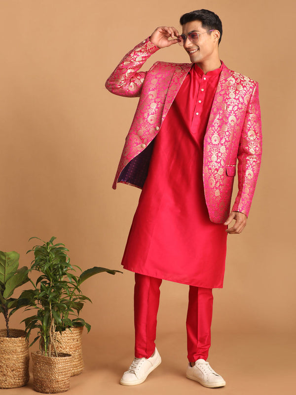 Jashvi Men's Pink Jacquard Blazer With Solid Kurta And Pant Style Pyjama Set