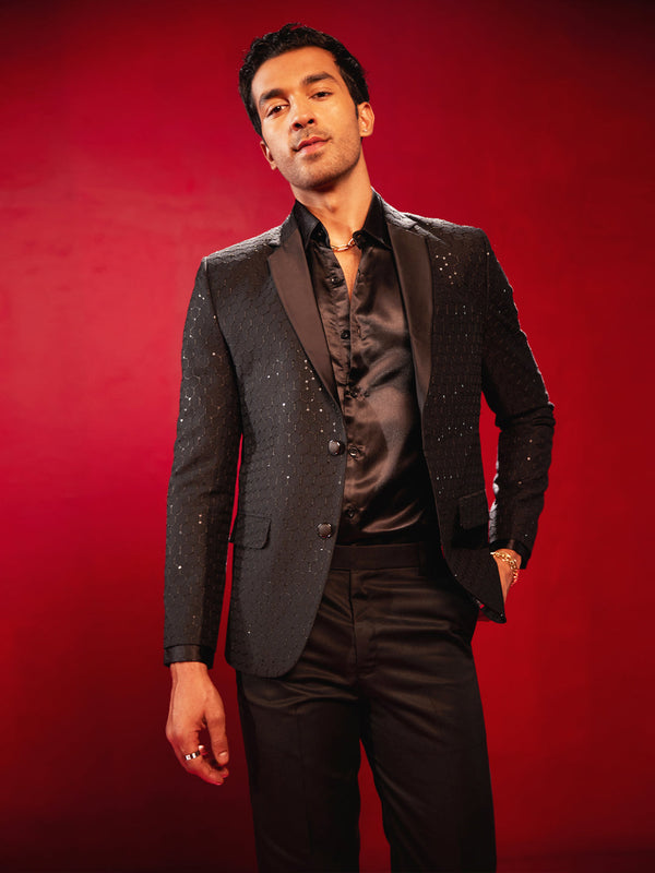 Jashvi Men's Black Georgette Embroidered Blazer