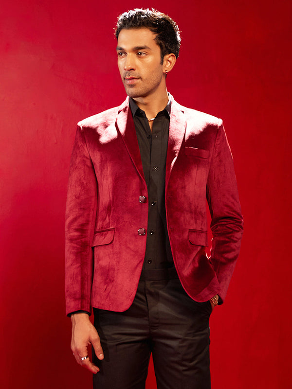 Jashvi Men's Maroon Velvet Fancy Blazer