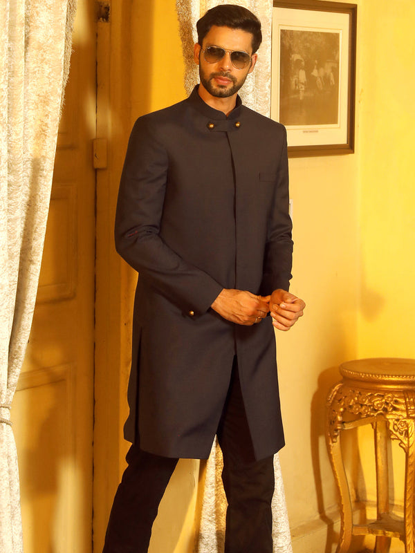 Jashvi Men's Navy Blue & Black Solid Bandhgala Indo Set