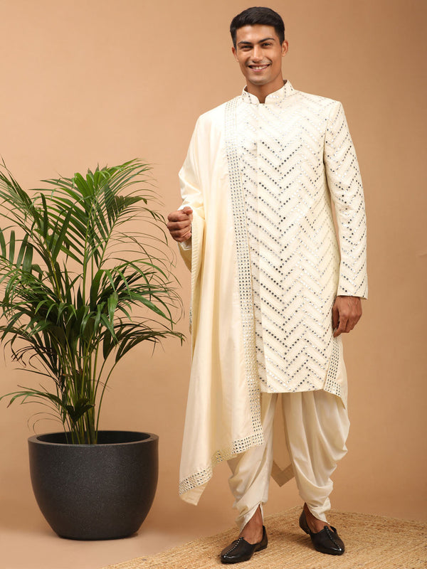 Jashvi Men's Cream Mirror Indo Western Sherwani With Dupatta Set