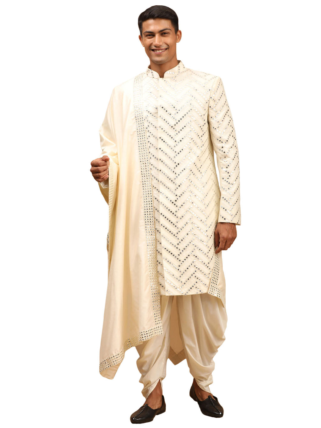 Men's Cream Silk Blend Sherwani Set With Dupatta - Shrestha By Vastramay