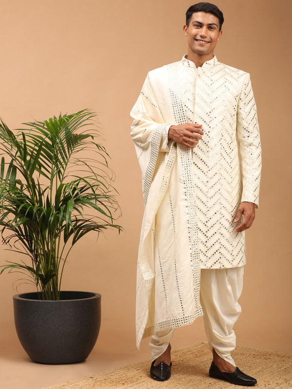 Jashvi Men's Cream Mirror Indo Western Sherwani With Dupatta Set