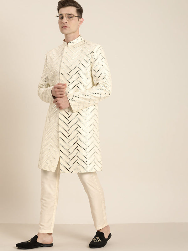 Jashvi Men's Cream Mirror Indo Western Sherwani With Pant Set