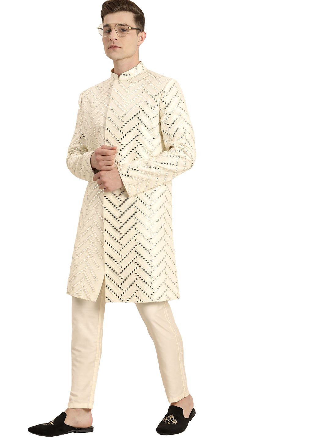 Men's Cream Silk Blend Sherwani Set - Shrestha By Vastramay