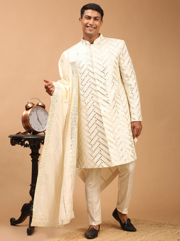 Jashvi Men's Cream Mirror Indo Western Sherwani With Dupatta Set