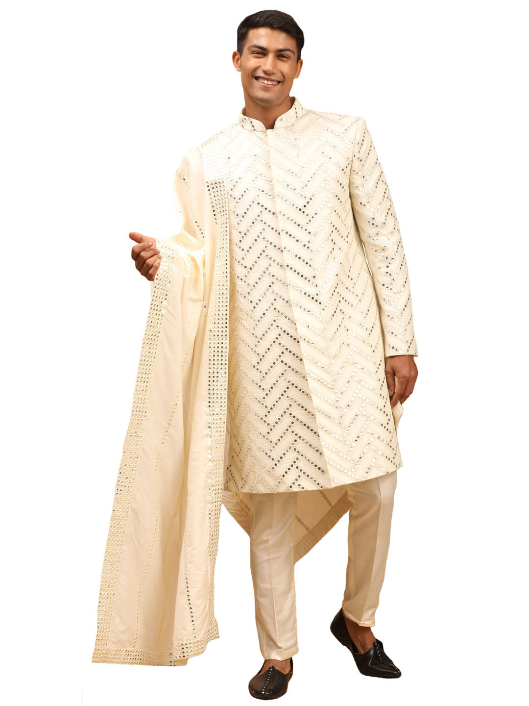 Men's Cream Silk Blend Sherwani Set With Dupatta - Shrestha By Vastramay