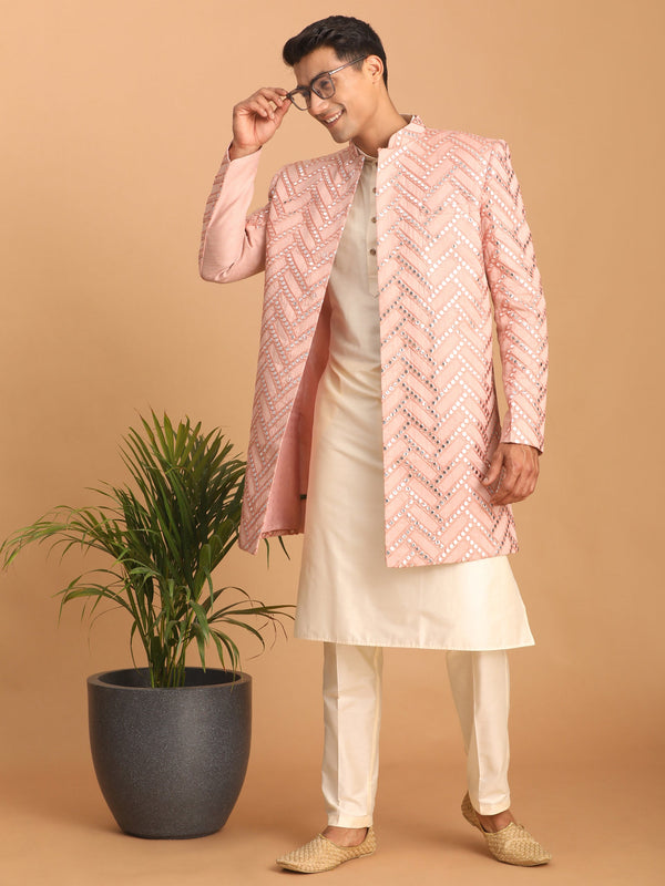 Jashvi Men's Pink Mirror Indo Western Sherwani with Kurta Pyjama Set