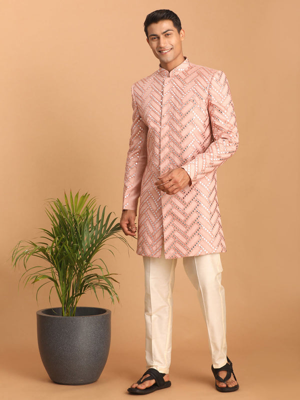 Jashvi Men's Pink Mirror Indo Western Sherwani With Pant Set